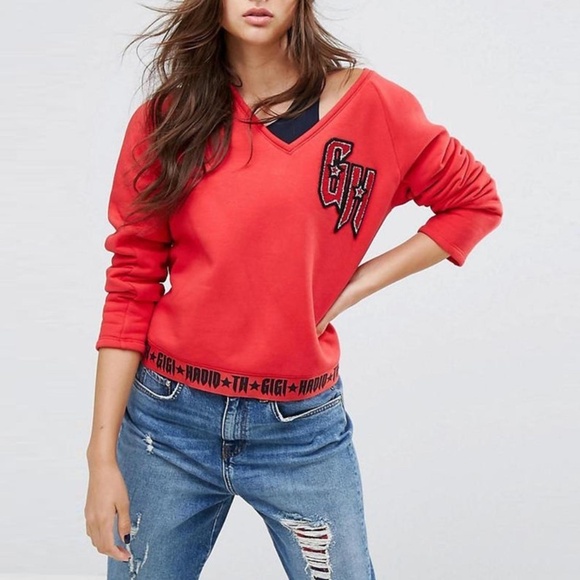 Tommy Hilfiger X Gigi Hadid, 2017, V Neck, Sweatshirt, Womens, XS, Red, Pullover - Picture 5 of 11